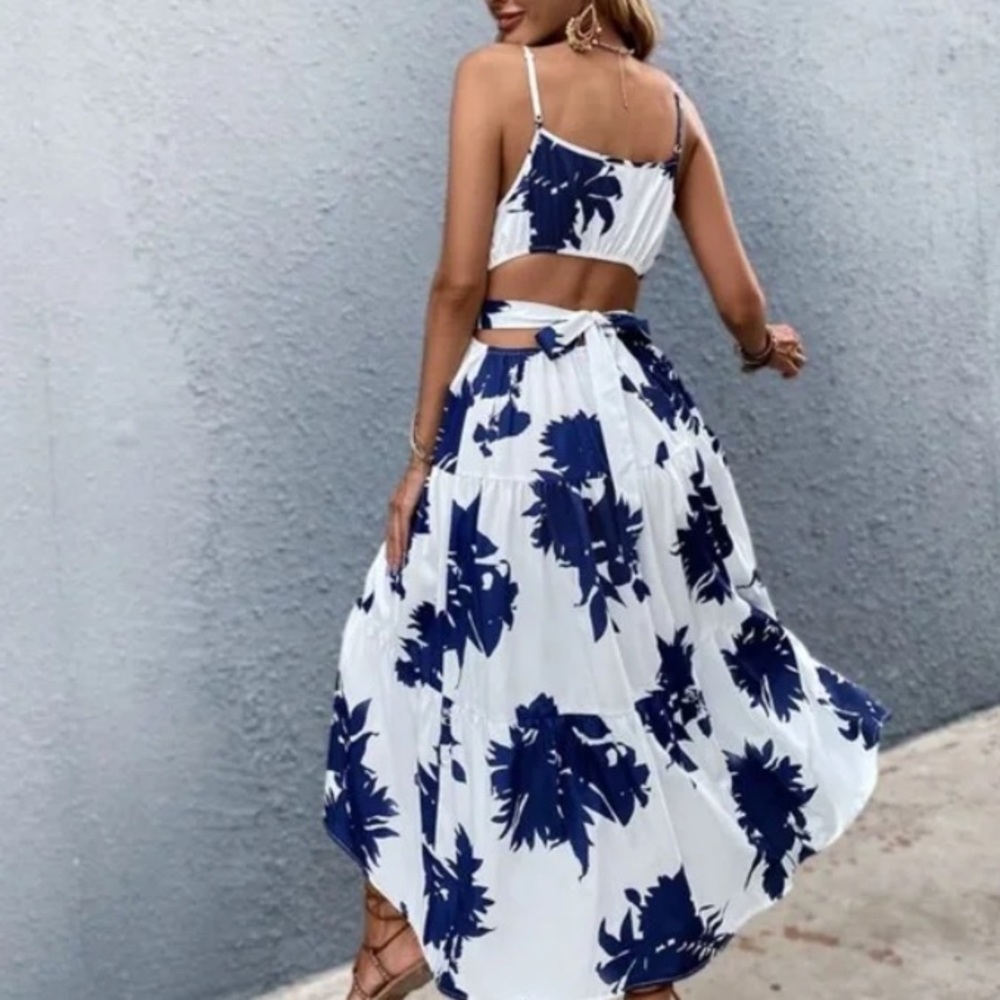 Boho Blue Floral Tropical Leaves Cut out Cami Ruffle Dress - Picture 10 of 11